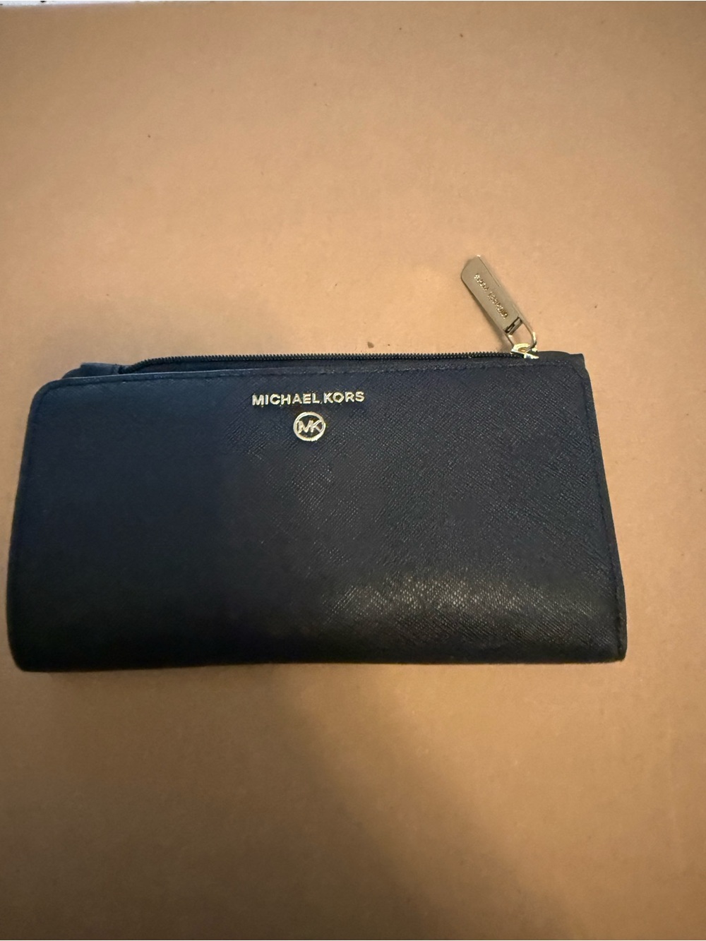 Michael Kors Black Saffiano Zip Wallet with Gold Hardware